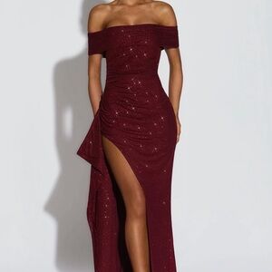 Off-Shoulder Sparkle Evening Gown in Deep Wine